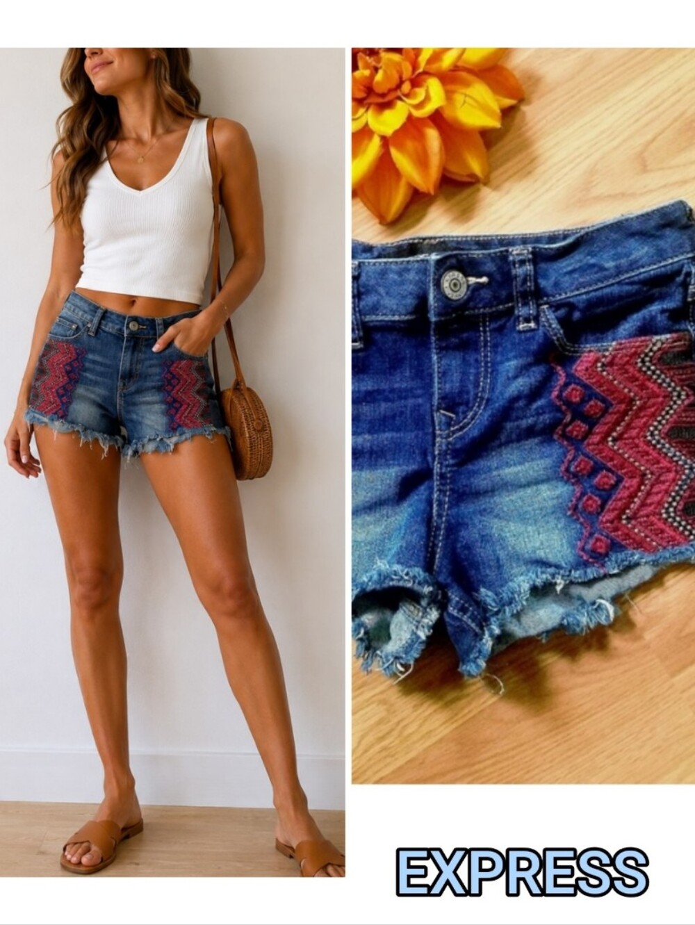 Express Denim Aztec Embroidered Design Shorts 🩴🦋